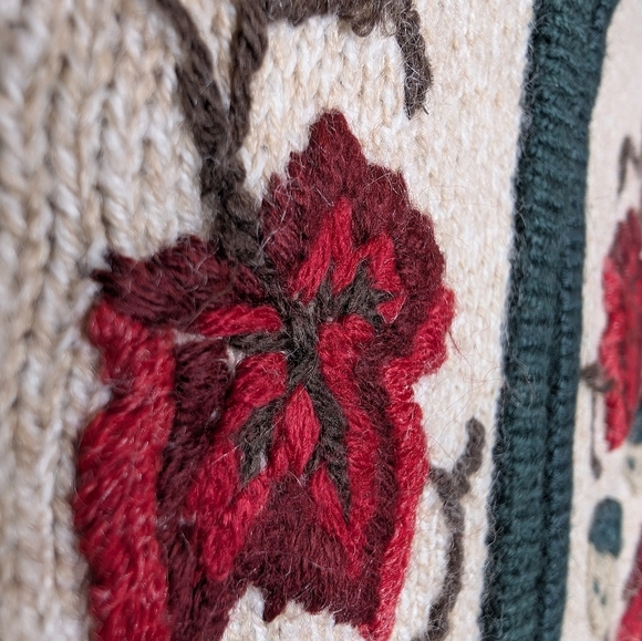 ALIA Zip up Cream Green Leaf Embroidered Sweater Women Medium Grandma Knit - Picture 10 of 11